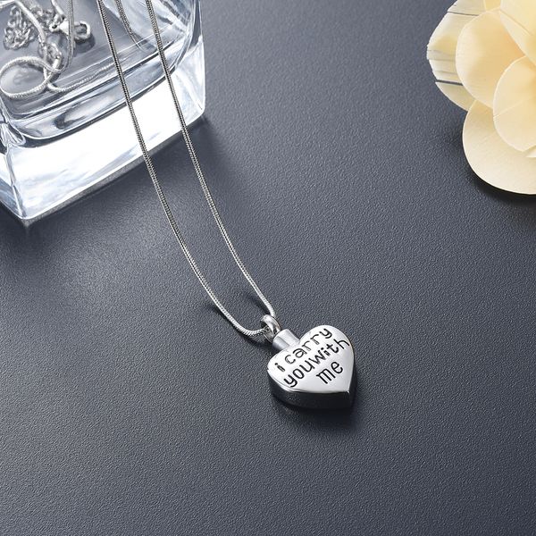 

kasd1809 i carry you with me heart cremation pendant for ashes holder, loss of love stainless steel cremation jewelry necklace, Silver