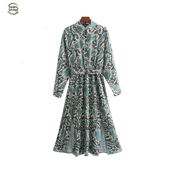 

mid calf chic snake print shirt dress animal pattern bow tie sashes elastic waist pleated long sleeve midi dresses vestidos qb240, Black;gray