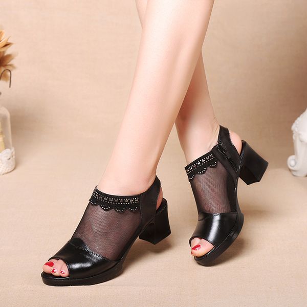 

2019 summer new style genuine leather women's man-made diamond gauze sandals large size shoes semi-high heeled cowhide middle-ag, Black