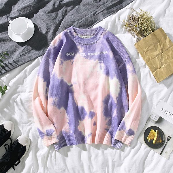 

men spring autumn fashion japan style long sleeve round neck tie-dye letter printed knitting male casual loose pullover sweater, White;black