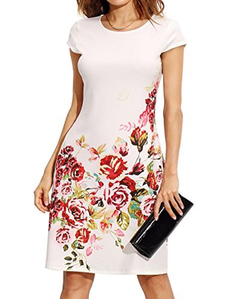 

women's floral print short sleeve casual work office a line dress, Black;gray
