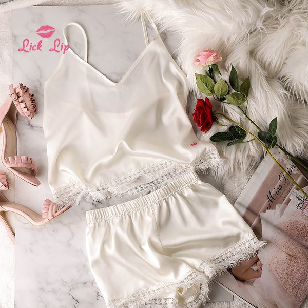 

lick lip vintage white tassels pajamas set women satin v neck sleepwears ladies spaghetti straps and pants swc4730-47, Blue;gray