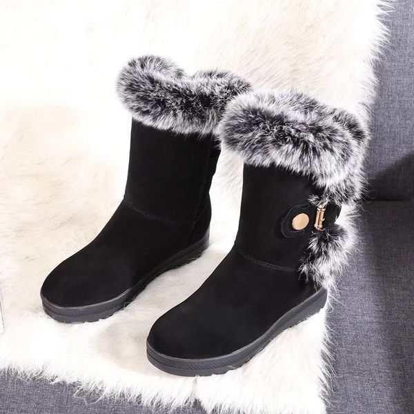 

autumn and winter new plus velvet thick leather rabbit fur snow boots short tube female martin boots leather warm non-slip fashion snow boot, Black