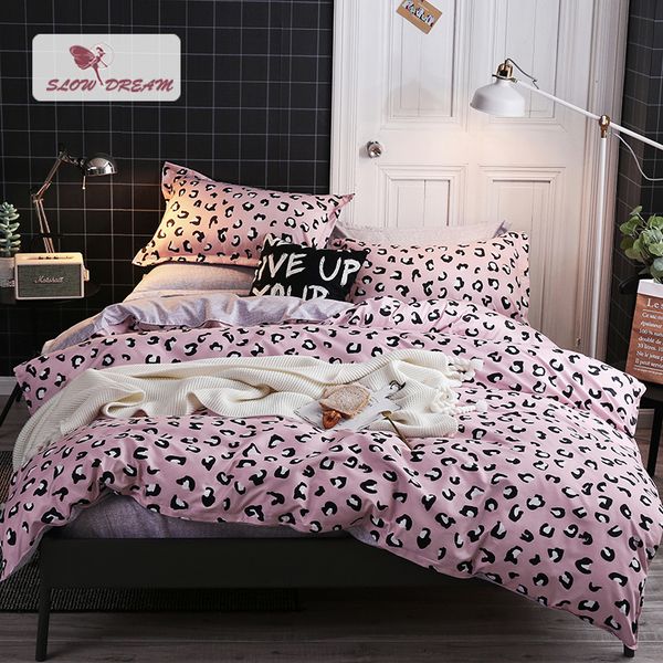 

slowdream leopard pink bedding set pillowcase duvet cover bed linens flat sheet for child decor home textiles bedclothes
