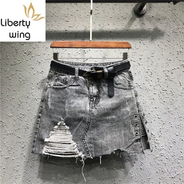 

street women hole ripped denim skirt summer slim fit zipper jeans shorts a-line skirt-shorts feminino s-xl, Blue