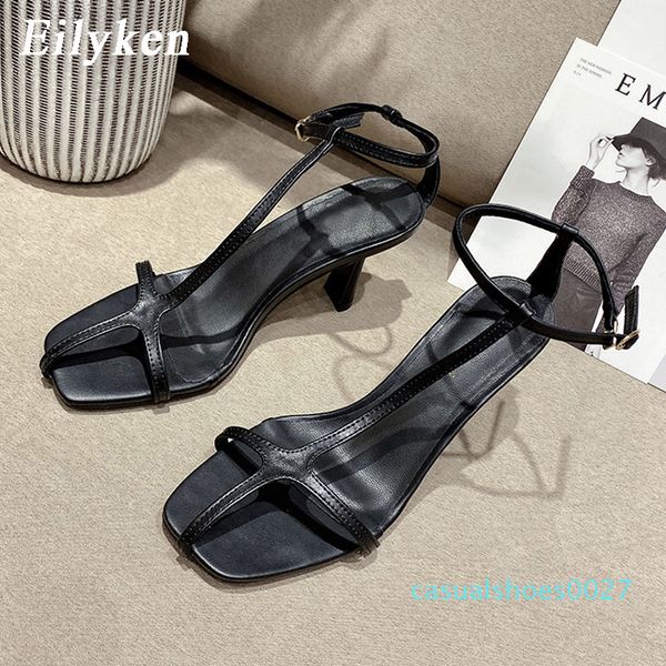 

eilyken new narrow band square toe cozy women gladiator sandals summer fashion ankle buckle strap low heels slippers beach c27, Black