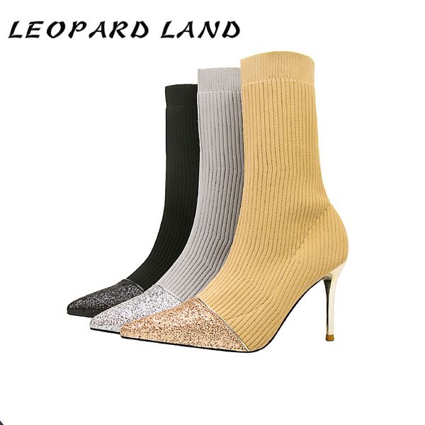 

2020 autumn winter new women's boots stretch socks boots high heels knit skinny stiletto tube pointed bare zwm, Black