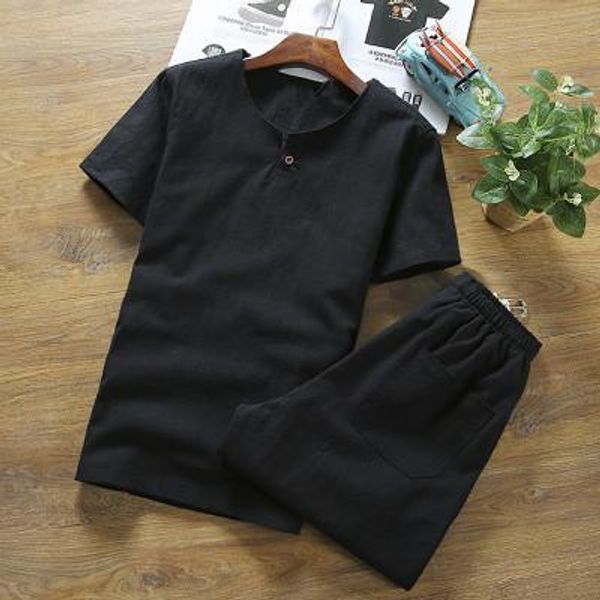 

v-neck t shirts+shorts linen chinese style summer brand set men breathable casual beach set t-shirt suit size -5xl solid vintage, Gray