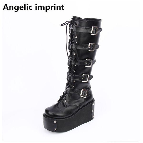 

angelic imprint mori girl women motorcycle boots lady lolita boots woman high heels pumps wedges platform shoes rhinestone 33-46, Black