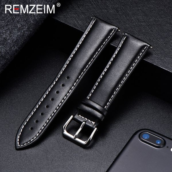 

remzeim calfskin leather watchband soft material watch band wrist strap 18mm 20mm 22mm 24mm with silver stainless steel buckle, Black;brown