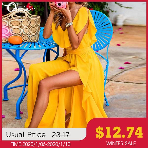 

celmia плюс размер богемный стиль женщины летнее платье сексуальная v-образным вырезом без рукавов высокого сплит платье подпоясанный макси, Black;gray