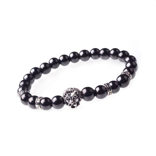 

men's natural black lava rock beads golden lion bead charm bracelet 8mm