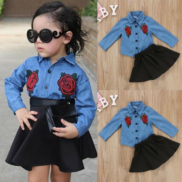 

малыш детские ребёнки одежда набор джинсовая куртка цветочные длинным рукавом блузка упругие талии юбка наряды set dropshipping, White