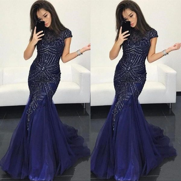 

navy blue evening dress 2019 appliques beaded mermaid sweep train prom party gown custom made, Black;red