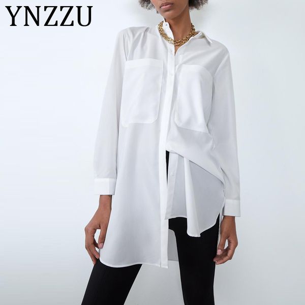 

ynzzu 2020 spring satin white blouse women elegant turn down collar pockets office lady blouse shirt women at453