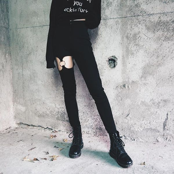 

black gothic elastic pencil pants women leggings zipper high waist sports slim punk long fitness hollow out ring female pants