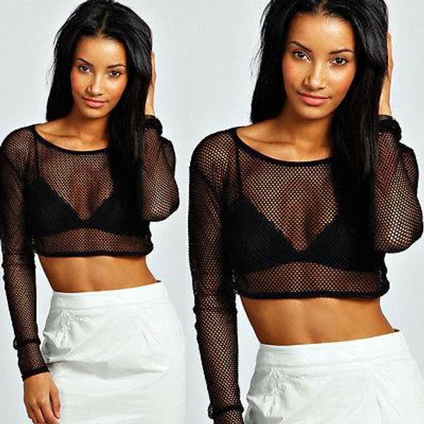 

womens crop ladies all mesh lace fishnet long sleeve stretch vest t shirt, White