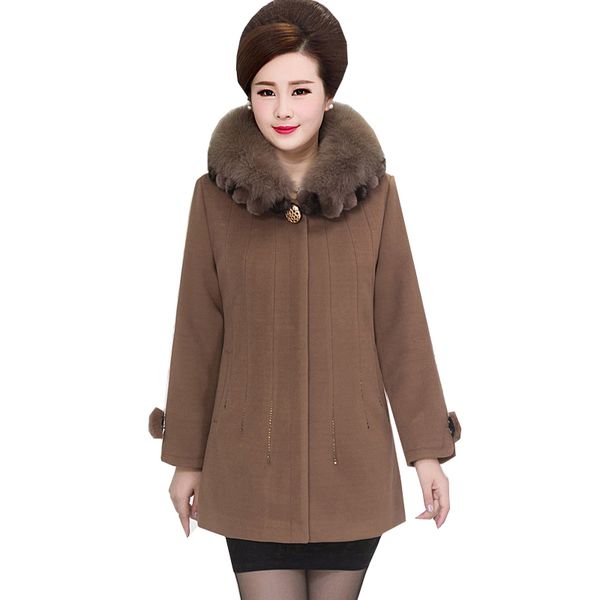 

autumn winter mother women fur collar cashmere medium-long woolen coat elegant overcoats slim oversize plus size 5xl j431, Black