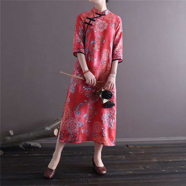 

qpfjqd women printed floral stand collar ramie dresses seven sleeve button female retro 2020 summer cheongsam dress high quality, Black;gray