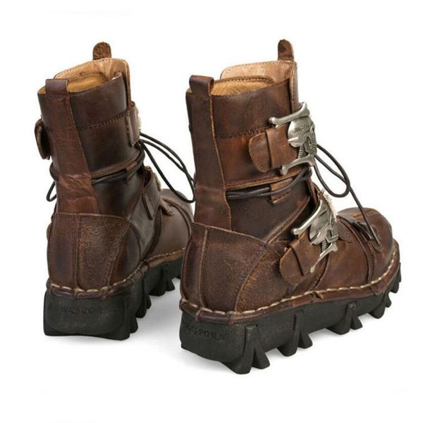 

men's cowhide genuine leather motorcycle boots military combat boots gothic skull punk boots, Black;brown
