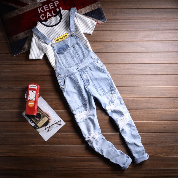 

2019 new korean fashion hip hop style suspender pants handsome youthful casual brokean hole jeans size s-5xl, Blue