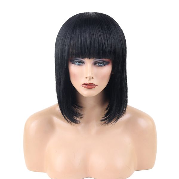 

black natural straight bangs short bob 100% real human hair wigs with cap for women 14