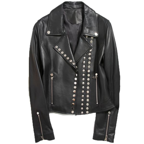 

new 100% sheep leather coat female rivet heavy locomotive leather brief paragraph cultivate morality, Black