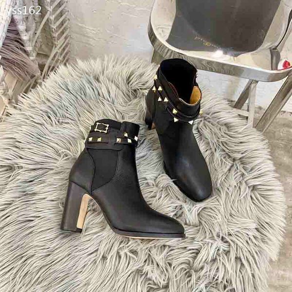 

new autumn british style thick heel rivet leather high heel women boots fashion short round head martin boot factory direct sales, Black