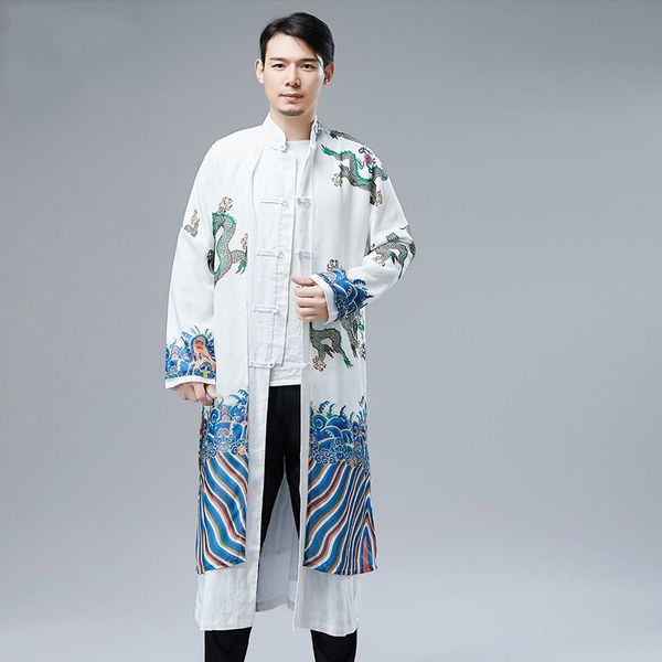 Novo homem cheongsam chinês tradicional manto de algodão homem de linho gola mandarim longo vestido de gala dragão padrão Tang terno Étnica desgaste do estágio