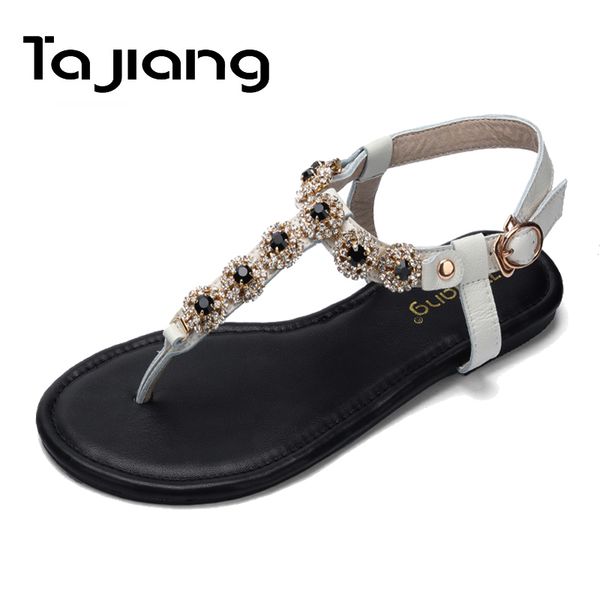 

ta jiang genuine cow leather women dress crystals sandals summer shoes woman gladiator sandals ladies girls beach flat, Black