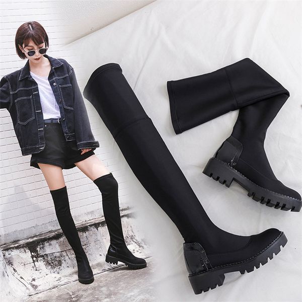 

overknee boots elastic thick boots with knight long thin leg genuine leather high woman, Black