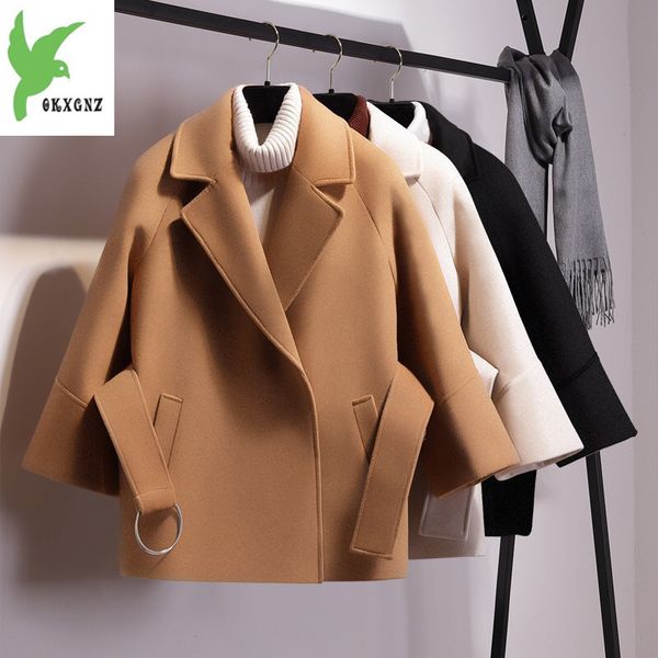 

2018 new winter female woolen coat student short cloak waist women's woolen coat plus size black khaki apricot outwear blends
