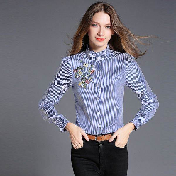 

embroidery stripe blouse shirt women long sleeve casual streetwear blue blouse elegant cotton 2018 autumn female, White
