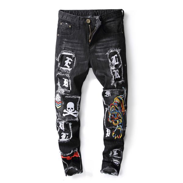 

european american style men's jeans slim denim trousers straight patchwork mens blue zipper jeans pants for men