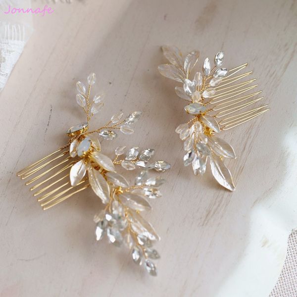 

jonnafe 2018 gold leaf hair comb pins crystal wedding headpiece vintage bridal hair piece accessories handmade, Golden;white