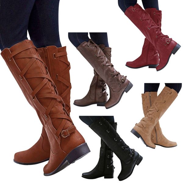 

women's boots winter cross strap long snow knee high bootie cowboy warm shoes booties zapatos de mujer shoes bota feminina, Black