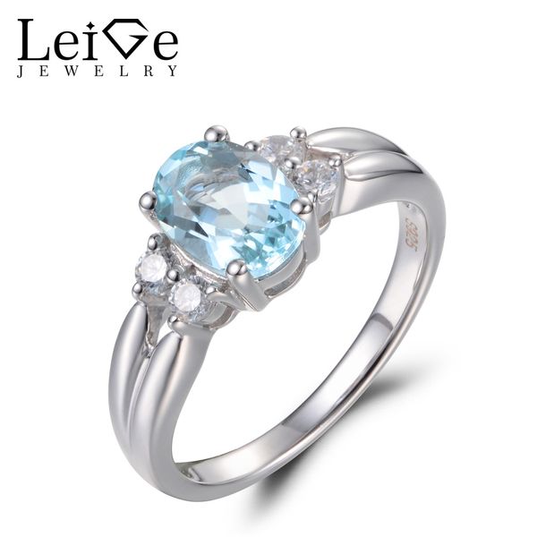 

leige jewelry real natural aquamarine engagement rings oval cut blue gems ring march birthstone 925 sterling silver fine jewelry, Golden;silver