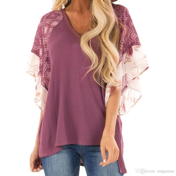 

summer women shirts ladies v-neck ruffle half sleeve pure color splicing loose shirt blouse female casual tunic shirt, White