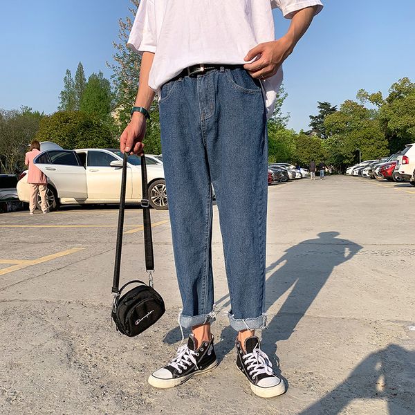 

summer ankle-length pants men's korean fashion all-match solid color loose straight pants ankle-length lovers' woolen, Black