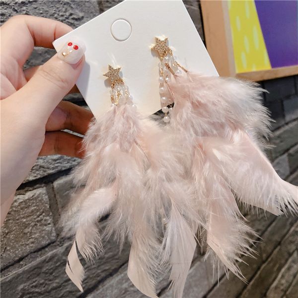 

shiny side new fashion brand jewelry crystal star stud earrings for women gift elegant feather long earrings, Golden;silver