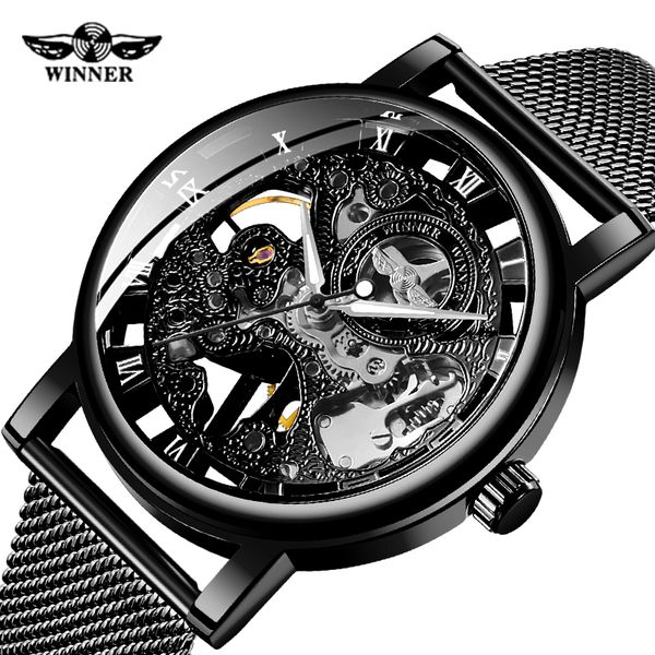 

fashion brand winner men mechanical watch men stainless steel skeleton hand wind watch relogio masculino, Slivery;brown