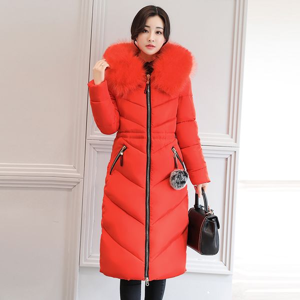 

plus size l-7xl winter long jacket 2018 big real raccoon collar hooded thick warm parkas outerwear winter jackets with fur ball, Black