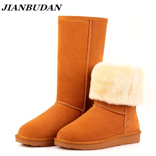 

genuine leather women's winter high boots high-quality cowhide snow boots 2020 new brand design plush fur flat bottom warm boot y200115, Black