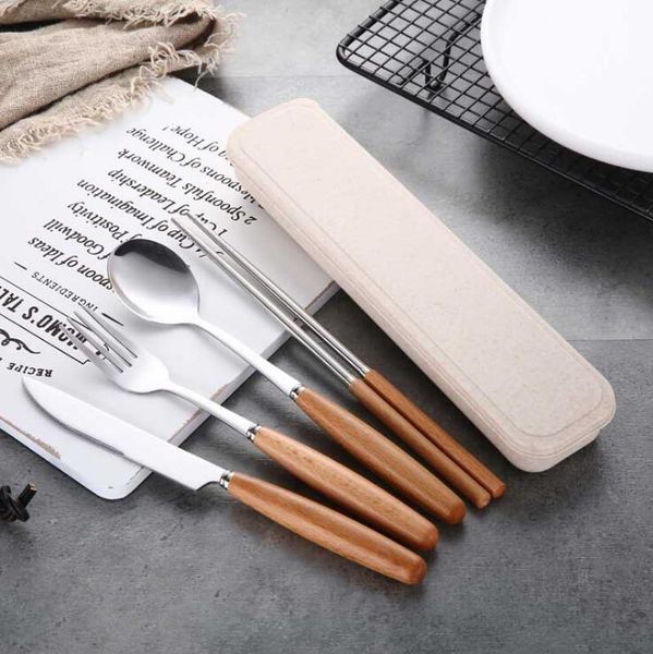

portable cutlery set stainless steel knife fork spoon chopsticks flatware with storage box student tableware travel dinnerware set