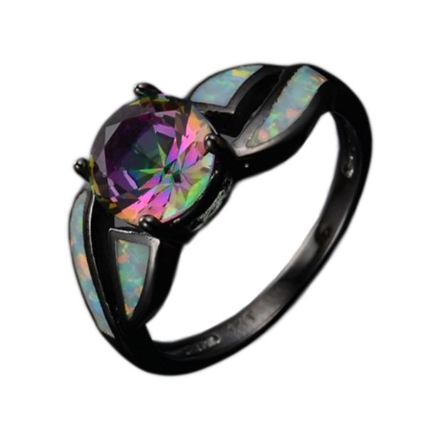 

colorful men women rainbow jewelry black alloy filled engagement rings charming white fire opal ring, Slivery;golden