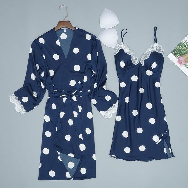 

new women satin fashion polka dot print sleepwear sling robe long sleeve set camis nightgown set nuisette femme de nuit, Black;red