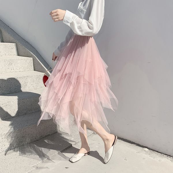

lucyever сетки летние женщины тюль юбка асимметричный высокая талия корейский миди юбка элегантный розовый сплошной цвет faldas mujer moda 2, Black