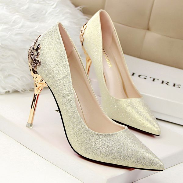 

2020 shoes women high heels metal carved heels silver golden female fashion wedding party pumps, Black