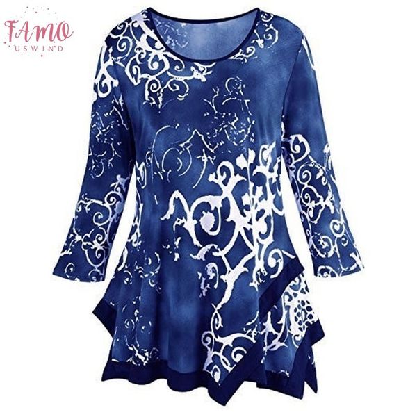 

polyester blouse female womens o neck print long sleeve blouse shirt pullover irregular hem plus size 5xlclothing blusas de mujer@32, White