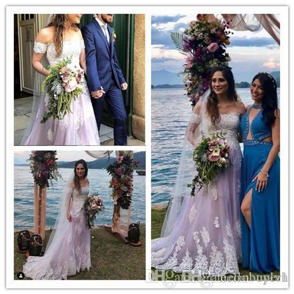 

purple tulle a line off shoulder plus size beach princess country wedding dresses with lace applique wedding gowns south africa 2019, White